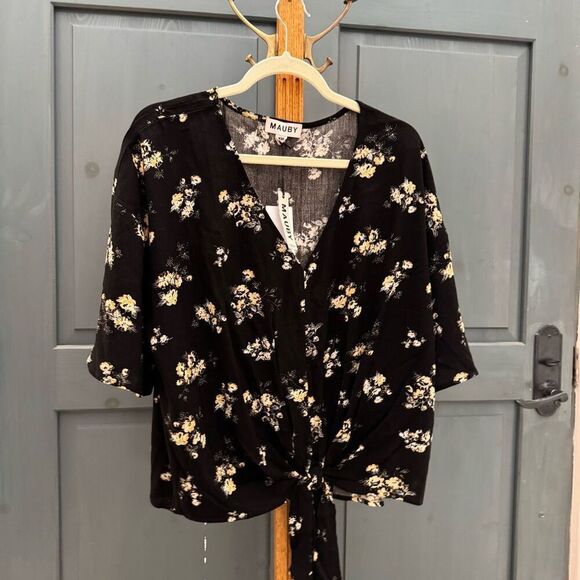 NWT (2XL) Mauby tie front black floral top blouse - Picture 1 of 6
